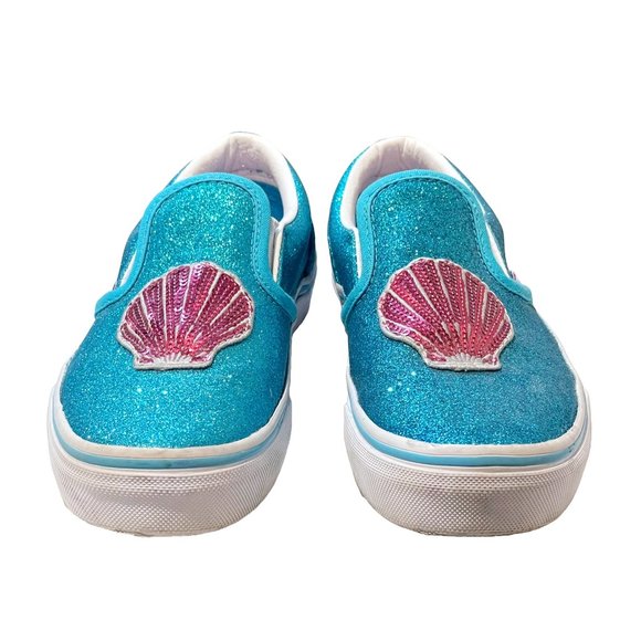 Vans Girls' Classic Blue Glitter Slip-On | Pink Sequin Seashell Patch | EUC - Picture 2 of 10